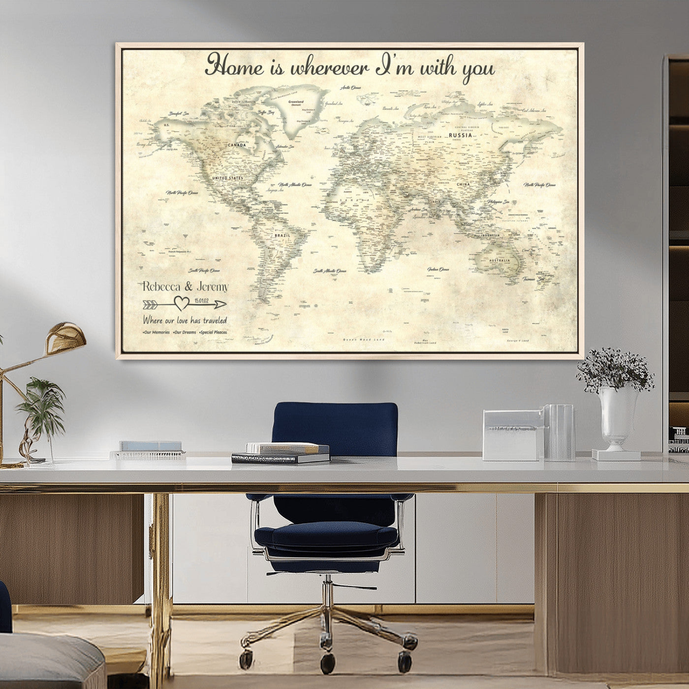 35009043-MGV-CV-36X24-Personalized World Map Wall Art – Vintage Beige Travel Map with Custom Names and Date, Romantic Anniversary Gift for Couples Home