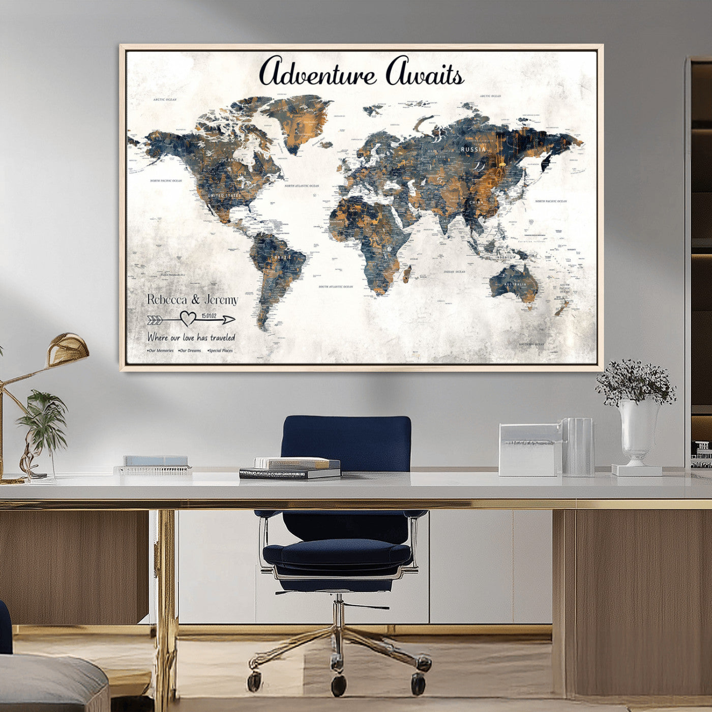 11751559-MGV-CV-36X24-Personalized World Map Wall Art – Elegant Adventure Travel Tracker Map for Couples & Families, Push Pin Canvas Poster Decor for Home, Office