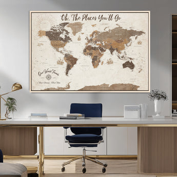 14140137-MGV-FC-36X24_Natural-Personalized World Map Wall Art – Vintage Nautical Adventure Map with Ships and Compass, Rustic Sepia Tones for Travel Lovers and