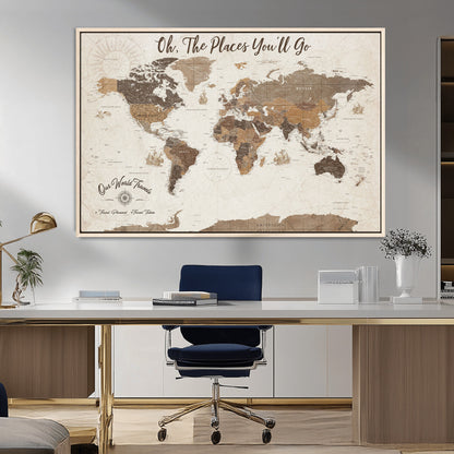 14140137-MGV-FC-36X24_Natural-Personalized World Map Wall Art – Vintage Nautical Adventure Map with Ships and Compass, Rustic Sepia Tones for Travel Lovers and