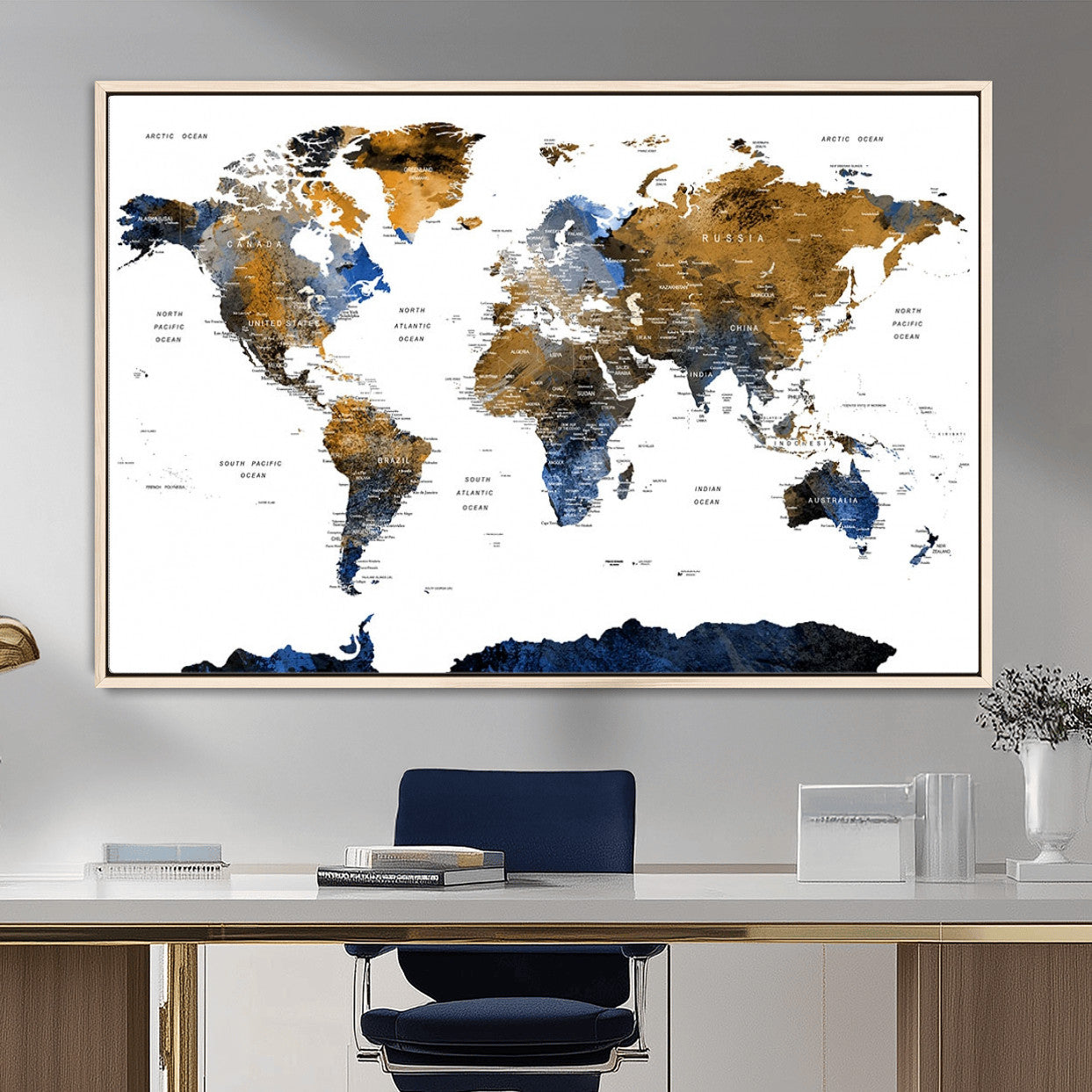 MGV-FC-36X24 - World Map Wall Art Canvas Print, Framed Blue Gold Map Art Picture Print, Rustic Atlas Perfect Rustic Modern Decor Artwork