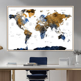 MGV-FC-36X24 - World Map Wall Art Canvas Print, Framed Blue Gold Map Art Picture Print, Rustic Atlas Perfect Rustic Modern Decor Artwork