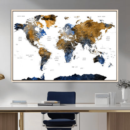 MGV-FC-36X24 - World Map Wall Art Canvas Print, Framed Blue Gold Map Art Picture Print, Rustic Atlas Perfect Rustic Modern Decor Artwork