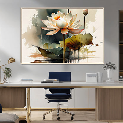 46359-MGV-FC-36X24_Natural-Lotus Blossom Wall Art Canvas Print, Framed Water Lily Art Picture Print, Zen Flower Perfect Zen Botanical Decor Artwork