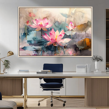 18414-MGV-CV-36X24-Pink Lotus Wall Art Canvas Print, Framed Water Lily Art Picture Print, Dreamy Floral Perfect Dreamy Botanical Decor Artwork