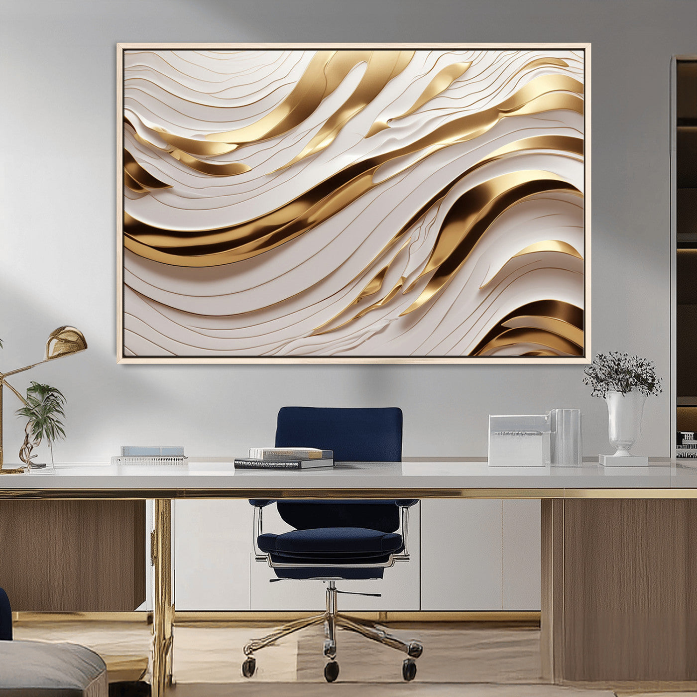 41237-MGV-CV-36X24-Gold Waves Wall Art Canvas Print, Framed Elegant Flow Art Picture Print, Luxury Layers Perfect Minimal Luxe Decor Artwork