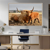 88780-MGV-FC-36X24_Natural-Highland Cow Wall Art Canvas Print, Framed Cow Calf Art Picture Print, Scottish Cattle Perfect Rustic Farmhouse Decor Artwork