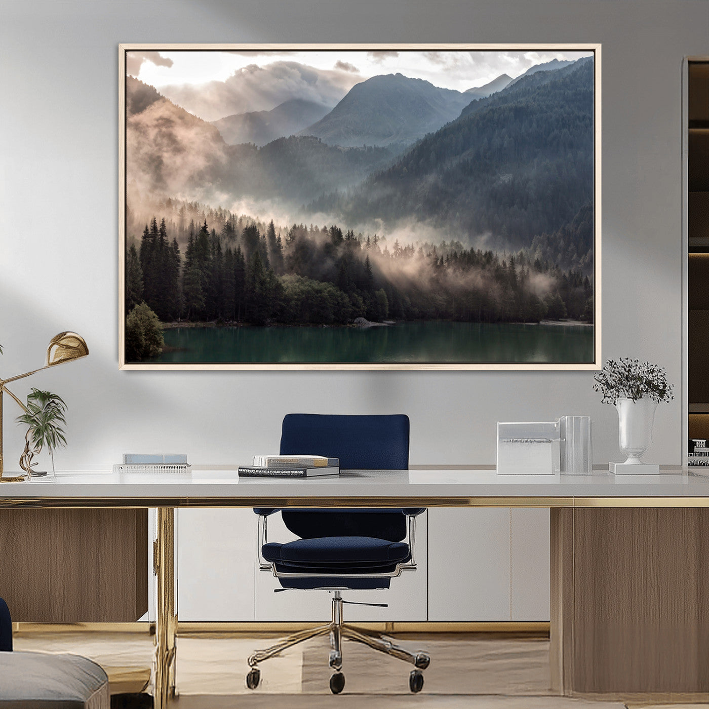 64758-MGV-FC-36X24_Natural-Misty Mountains Wall Art Canvas Print, Framed Moody Pines Art Picture Print, Forest Lake Perfect Moody Alpine Decor Artwork