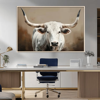 63550-MGV-CV-36X24-Texas Longhorn Wall Art Canvas Print, Framed White Bull Art Picture Print, Horned Cattle Perfect Rustic Western Decor Artwork