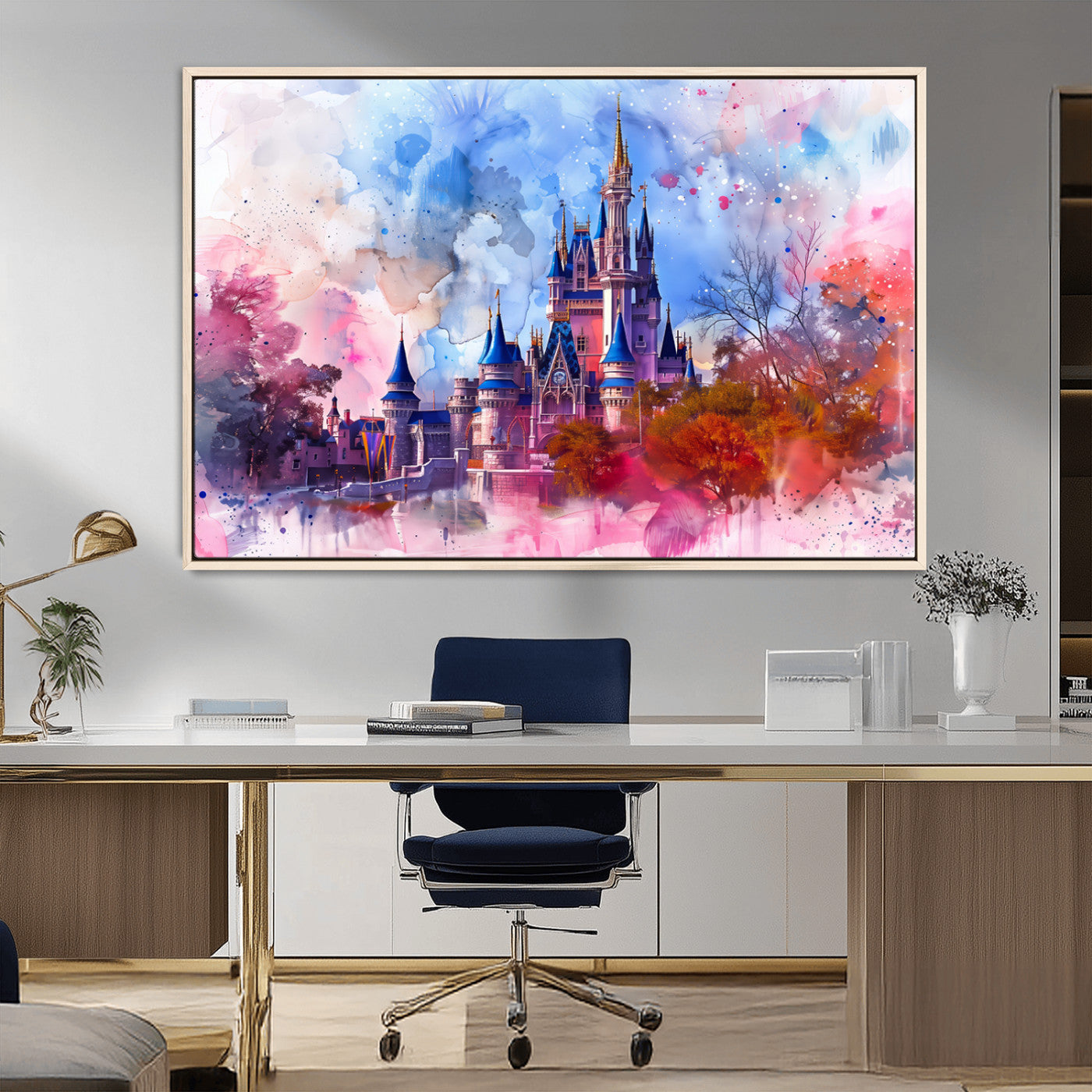 15129-MGV-FC-36X24_Natural-Disney Castle Wall Art Canvas Print, Framed Cinderella Palace Art Picture Print, Fantasy Kingdom Perfect Whimsical Fairytale Decor