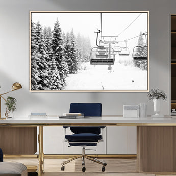 49274-MGV-CV-36X24-Snowy Forest Wall Art Canvas Print, Framed Ski Lift Art Picture Print, Mountain Snow Perfect Minimal Winter Lodge Decor Artwork