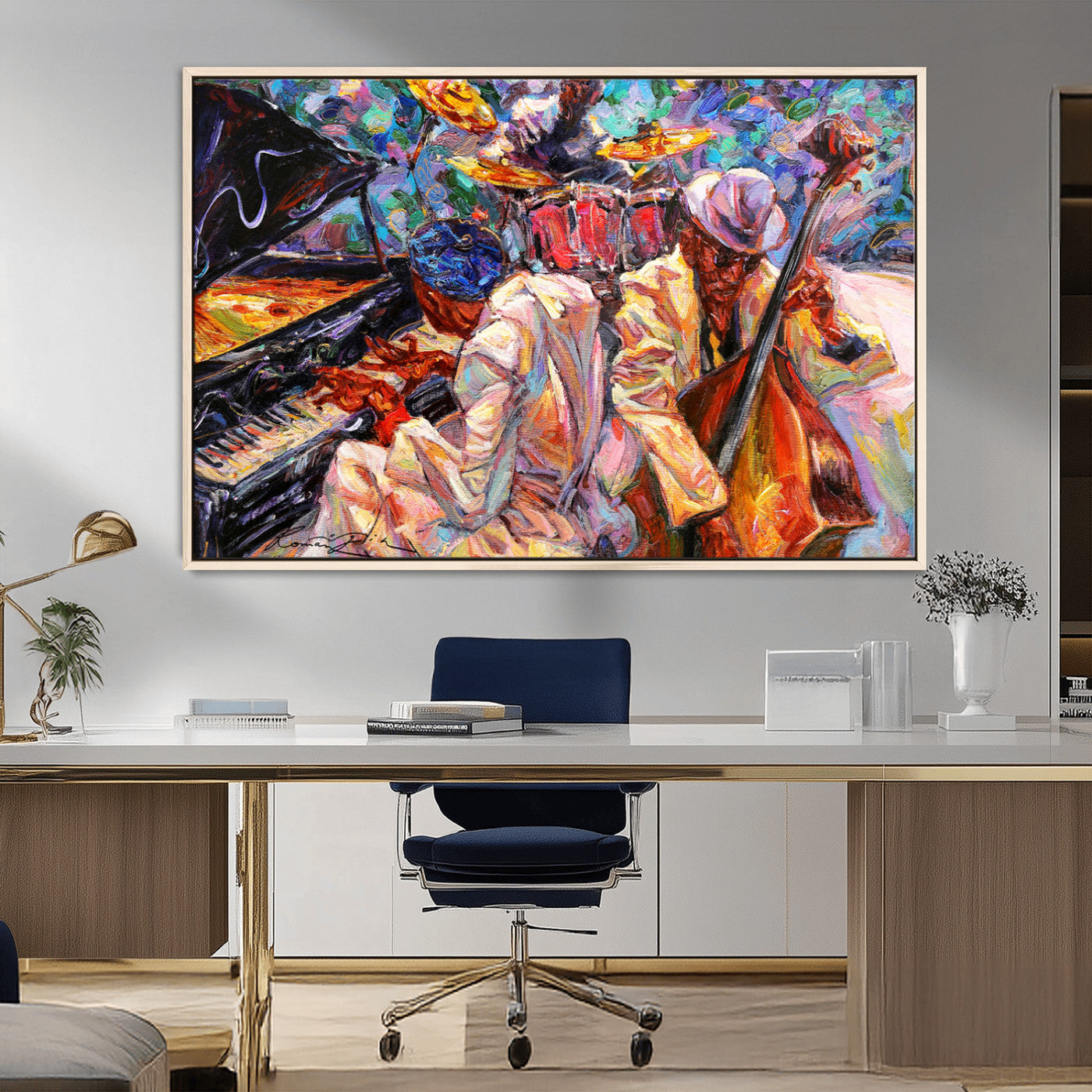 13675-MGV-CV-36X24-Jazz Band Wall Art Canvas Print, Framed Jazz Oil Painting Art Picture Print, Vibrant Music Perfect Abstract Musical Decor Artwork
