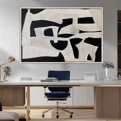 33714-MGV-CV-36X24-Monochrome Design Wall Art Canvas Print, Framed Modern Linework Art Picture Print, Textured Shapes Perfect Monochrome Modern Decor