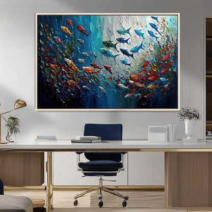 89626-MGV-CV-36X24-Fish Swarm Wall Art Canvas Print, Framed Abstract Ocean Art Picture Print, Underwater Life Perfect Vibrant Coastal Decor Artwork