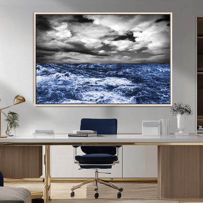 91043-MGV-FC-36X24_Natural-Stormy Ocean Wall Art Canvas Print, Framed Moody Seascape Art Picture Print, Monochrome Sea Perfect Coastal Drama Decor Artwork