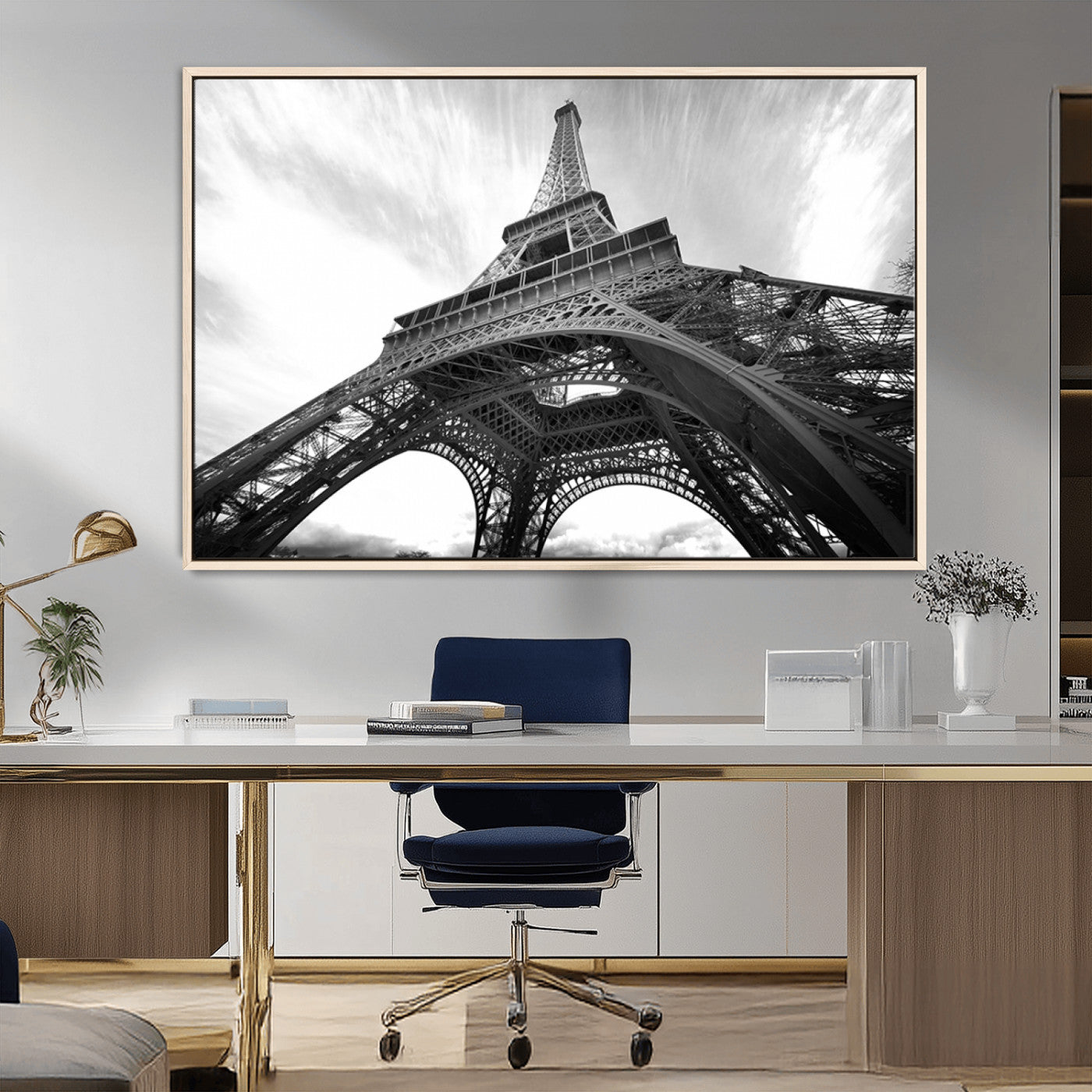 40006-MGV-CV-36X24-Eiffel Tower Wall Art – Black and White Architectural Photo Print, Paris Inspired Decor for Bedroom, Office, Studio or Modern