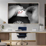 62460-MGV-CV-36X24-Poker Game Wall Art – Close Up of Hands Holding Aces with Chips, Casino Style Decor for Game Room, Man Cave or Office