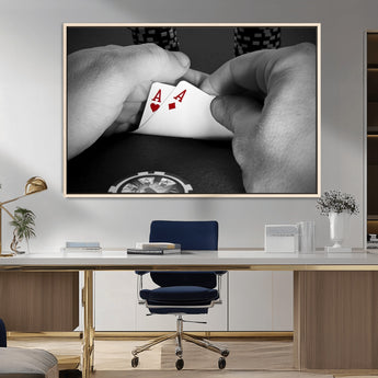 62460-MGV-CV-36X24-Poker Game Wall Art – Close Up of Hands Holding Aces with Chips, Casino Style Decor for Game Room, Man Cave or Office