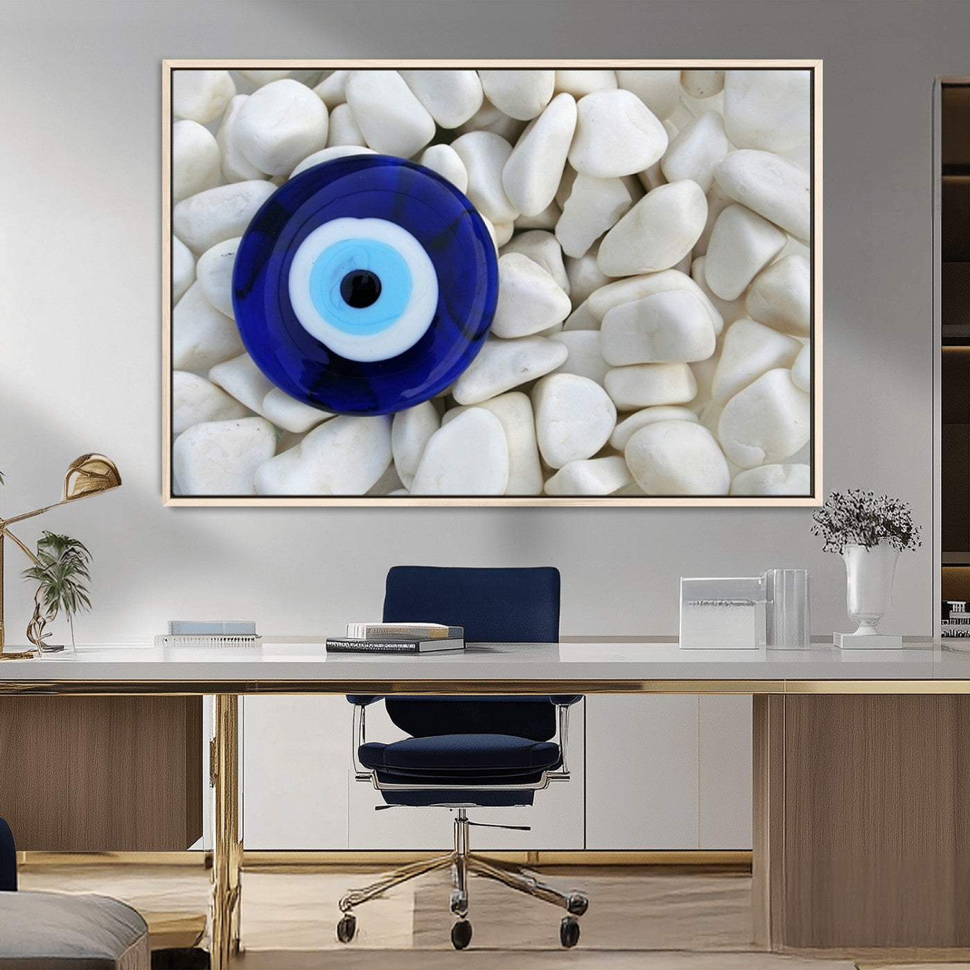 48883-MGV-FC-36X24_Natural-Evil Eye Wall Art – Deep Blue Symbol of Presence and Calm on White Stones, Subtle Spiritual Decor for Entryway, Studio, Office or