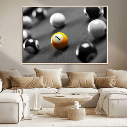 52108-MGV-CV-36X24-Precision Pool Table Wall Art – Close Up Yellow 1 Ball Canvas Print, Hand-Played Billiards Game Decor for Office, Game Room, or