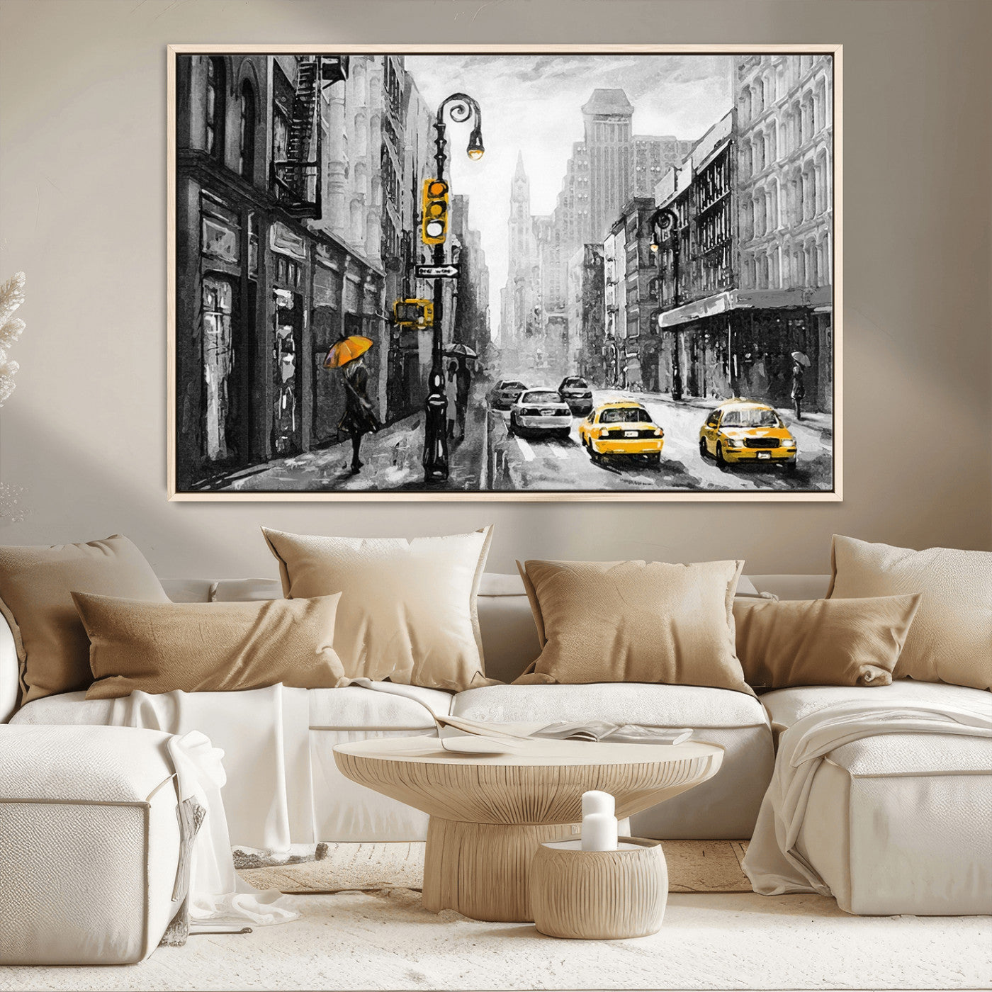 32362-MGV-CV-36X24-NYC Street Wall Art – Black and White Cityscape with Yellow Taxis and Umbrella Canvas Print, Urban Home Decor for Living Room or