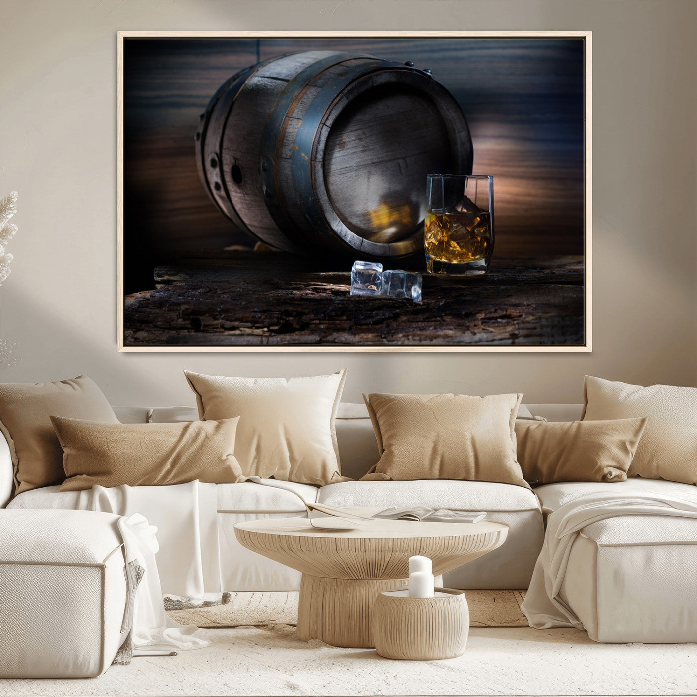 78049-MGV-CV-36X24-Whiskey Barrel Wall Art – Rustic Whiskey Barrel and Glass with Ice Canvas Print, Classic Bar or Lounge Decor for Home, Office, or