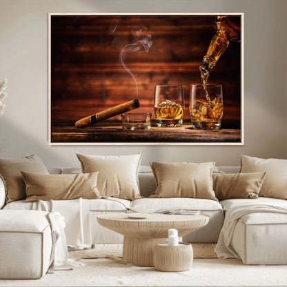 91042-MGV-CV-36X24-Whiskey & Cigar Wall Art – Elegant Whiskey Pour and Smoldering Cigar Canvas Print, Sophisticated Bar or Lounge Decor for Home,