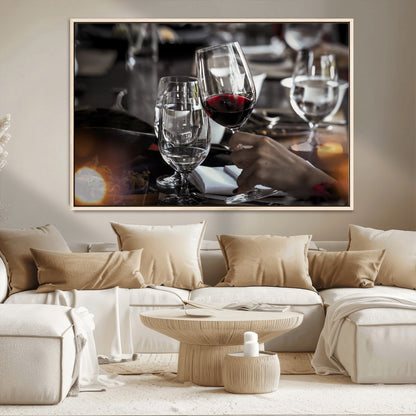 75513-MGV-FC-36X24_Natural-Elegant Wine Toast Wall Art – Close-Up Red Wine Glass at Dinner Table Canvas Print, Sophisticated Dining Room or Bar Decor