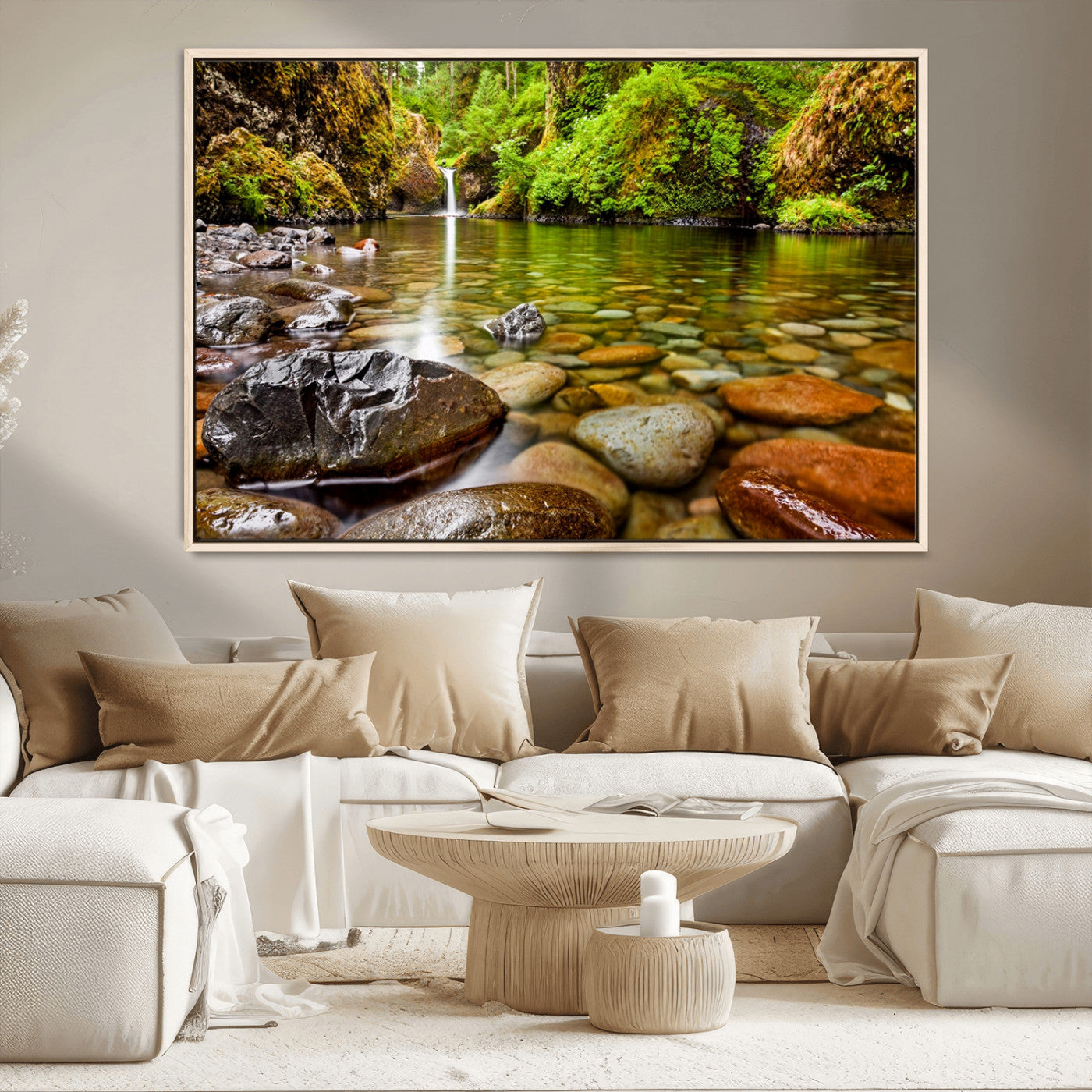98096-MGV-CV-36X24-Serene River Waterfall Nature Photo – Calm Clear Water, Vibrant Green Forest and Smooth Stones Landscape Wall Art for Home or