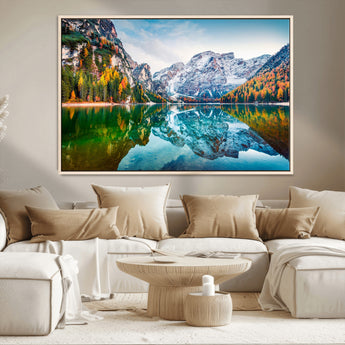 10402-MGV-CV-36X24-Snowy Mountain Lake Wall Art – Autumn Landscape Canvas Print with Reflection, Nature Decor for Living Room, Office, Bedroom or