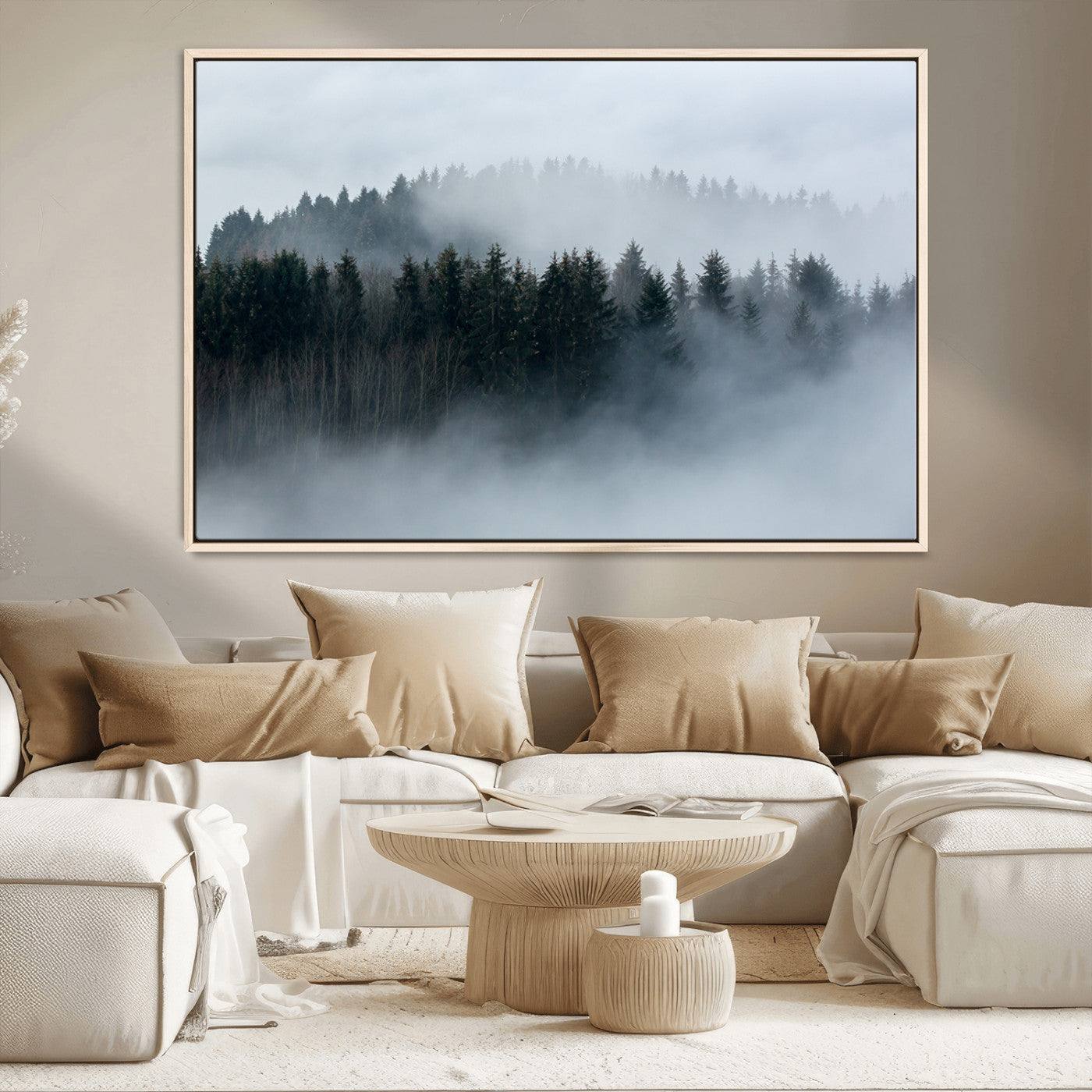 42596-MGV-FC-36X24_Natural-Misty Forest Wall Art – Atmospheric Pine Trees Canvas Print, Nature Landscape Decor for Living Room, Bedroom, Office, or Cabin