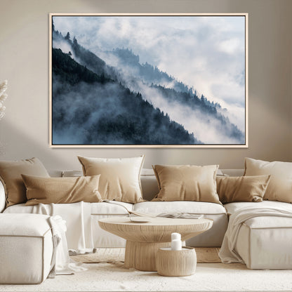 85737-MGV-CV-36X24-Misty Mountain Wall Art – Atmospheric Pine Forest Canvas Print with Fog and Mist, Calm Nature Decor for Living Room, Bedroom,