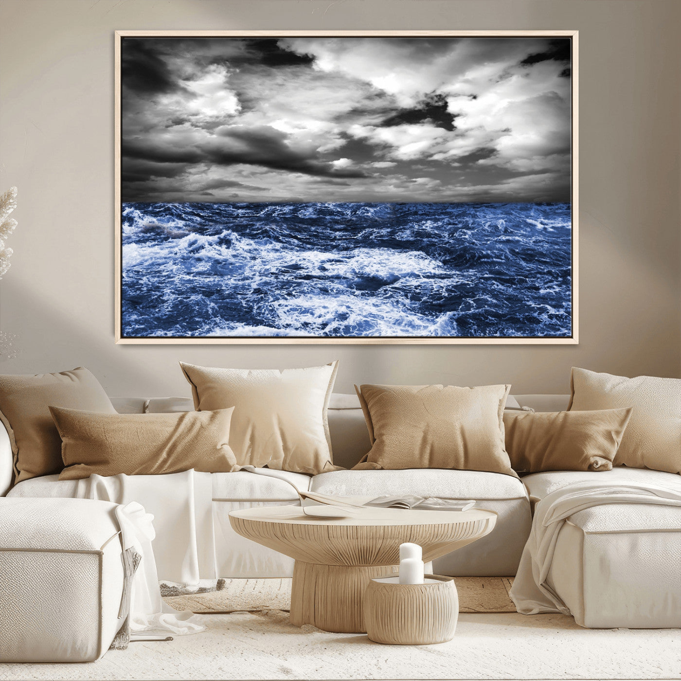 36012-MGV-CV-36X24-Dramatic Stormy Ocean Waves Black and White with Deep Blue Highlights – Moody Seascape Wall Art, Nature Photography Print for Home
