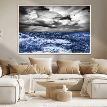 36012-MGV-CV-36X24-Dramatic Stormy Ocean Waves Black and White with Deep Blue Highlights – Moody Seascape Wall Art, Nature Photography Print for Home