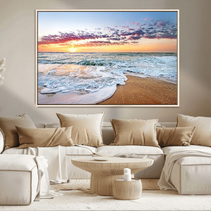 39560-MGV-CV-36X24-Sunrise Beach Wall Art – Vibrant Ocean Waves and Golden Sand Canvas Print, Seaside Coastal Decor for Living Room, Bedroom or