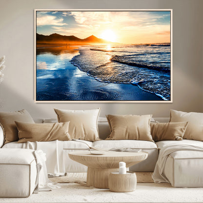 86173-MGV-CV-36X24-Golden Sunset Beach Wall Art – Reflective Ocean Canvas Print with Mountains and Waves, Coastal Nature Decor for Living Room,