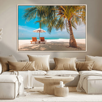 69754-MGV-CV-36X24-Tropical Beach Wall Art – Relaxing Palm Tree and Lounge Chairs Canvas Print, Serene Coastal Decor for Living Room, Bedroom, Office