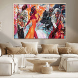 24452-MGV-CV-36X24-Vibrant Jazz Musician Painting - Expressive Art Print of Live Jazz Band, Perfect Wall Decor for Music Lovers and Art Enthusiasts