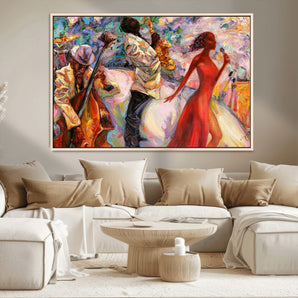 39004-MGV-CV-36X24-Jazz Music Wall Art – Colorful Abstract Canvas Triptych Featuring Saxophone, Singer and Bass, Vibrant Musician Painting for Living