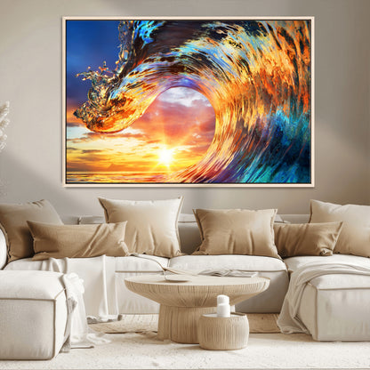 52890-MGV-CV-36X24-Surfing Wave Wall Art Canvas Print, Framed Sunset Ocean Art Picture Print, Ocean Wave Perfect Nautical Decor Artwork
