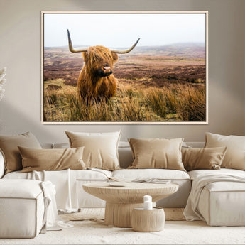 79391-MGV-CV-36X24-Majestic Highland Cow in Misty Scottish Moorland – Rustic Natural Charm, Perfect for Unique Home or Office Decor