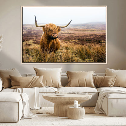 79391-MGV-CV-36X24-Majestic Highland Cow in Misty Scottish Moorland – Rustic Natural Charm, Perfect for Unique Home or Office Decor