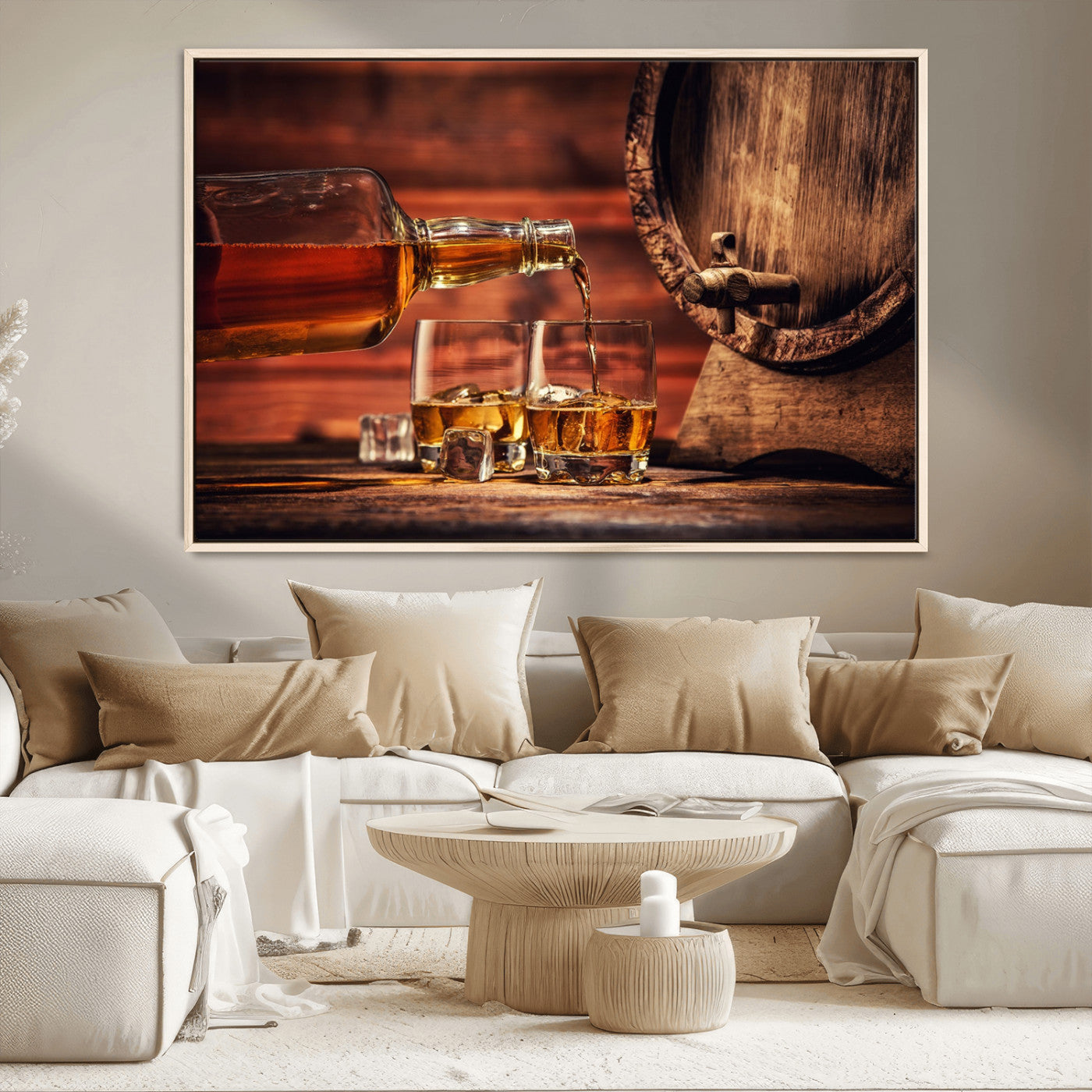 21266-MGV-CV-36X24-Pouring Whiskey into Glasses with Ice – Rustic Wooden Barrel Background, Warm Ambient Lighting, Ideal Decor for Home or Office