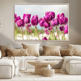 30632-MGV-CV-36X24-Purple Tulip Field Wall Art – Beautiful Spring Flowers Canvas Print with Soft Focus and Bright Sky, Ideal Floral Decor for Home or