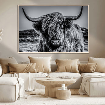 97372-MGV-CV-36X24-Elegant Highland Cow Wall Art – Black and White Canvas Print, Rustic Nature Decor for Home, Office, Living Room or Man Cave