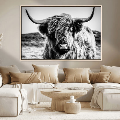 36979-MGV-CV-36X24-Striking black-and-white portrait of a Highland cow with flowing fur and majestic horns, perfect for rustic and elegant home or