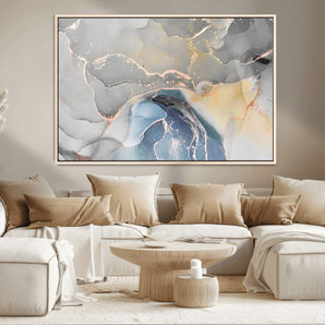 63211-MGV-CV-36X24-Abstract Fluid Art Wall Decor – Blue, Gray & Gold Canvas Print, Modern Home and Office Wall Art Decor for Living Room, Bedroom or