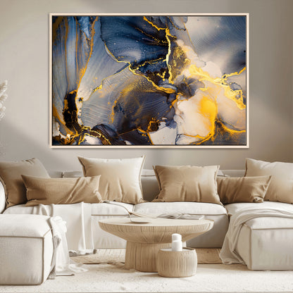 42100-MGV-CV-36X24-Golden Flow Abstract Wall Art – Panoramic Modern Blue and Gold Canvas Print, Contemporary Artistic Decor for Home, Office