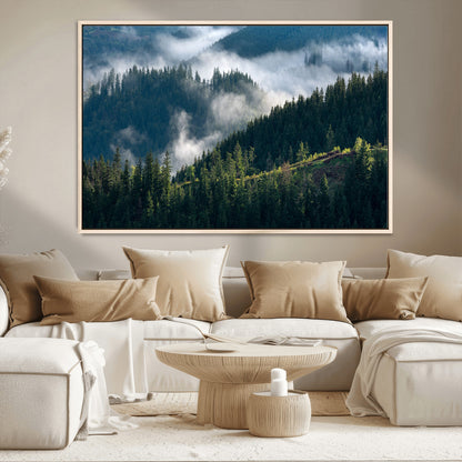 55972-MGV-CV-36X24-Whispering Pines Wall Art – Panoramic Misty Forest Canvas Print, Serene Nature Decor for Home, Office or Cabin Retreat