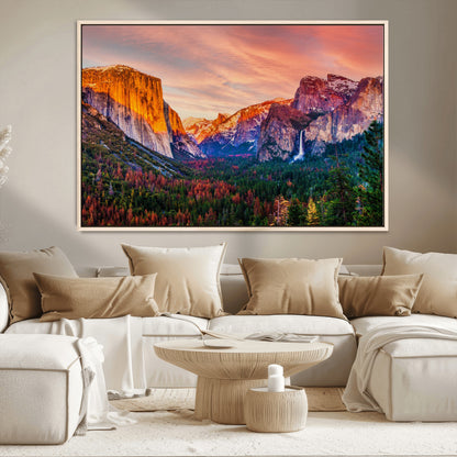 24519-MGV-CV-36X24-Yosemite Valley Sunset Wall Art – Majestic Mountain Landscape with Waterfall and Vibrant Sky, Nature Photography for Home or